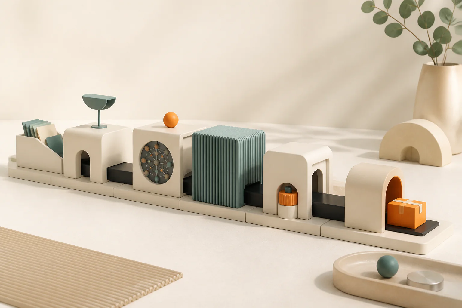 A minimal modular retail workspace built from warm geometric forms