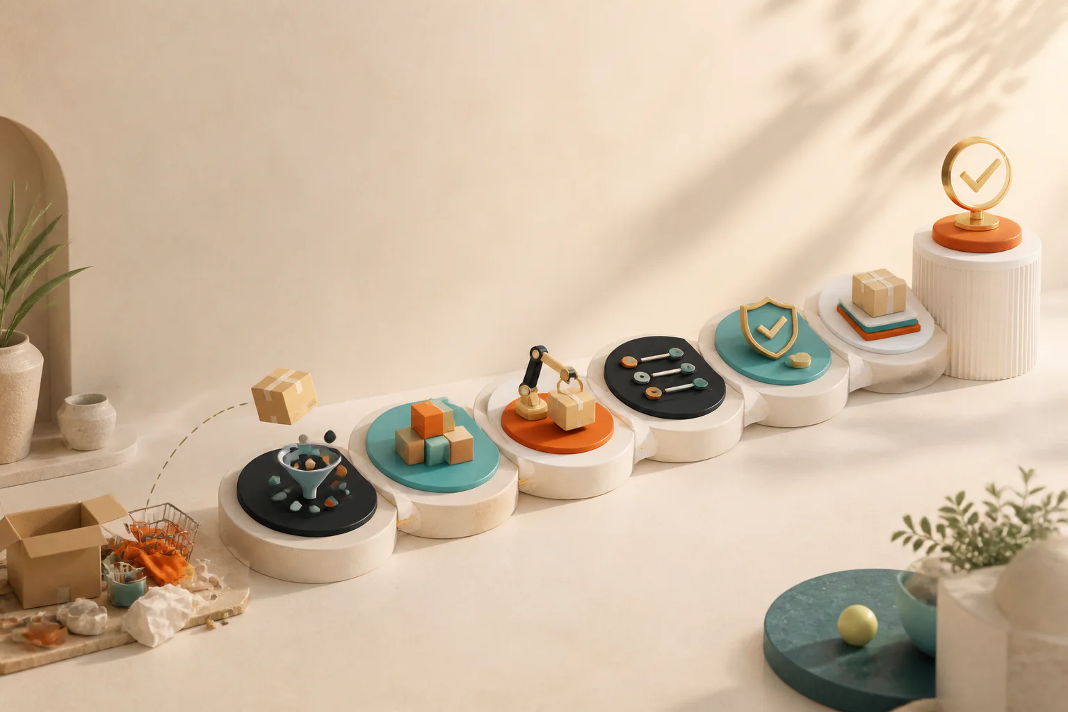 Seven connected stages moving through a calm abstract ecommerce workspace